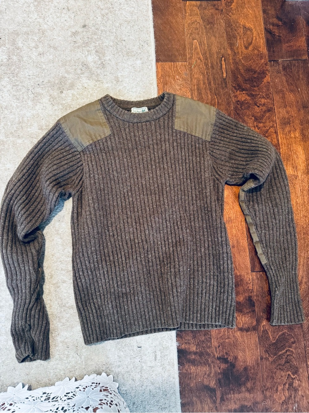 L.L. Bean Olive Ribbed Wool Crewneck with Shoulder & Elbow Patches